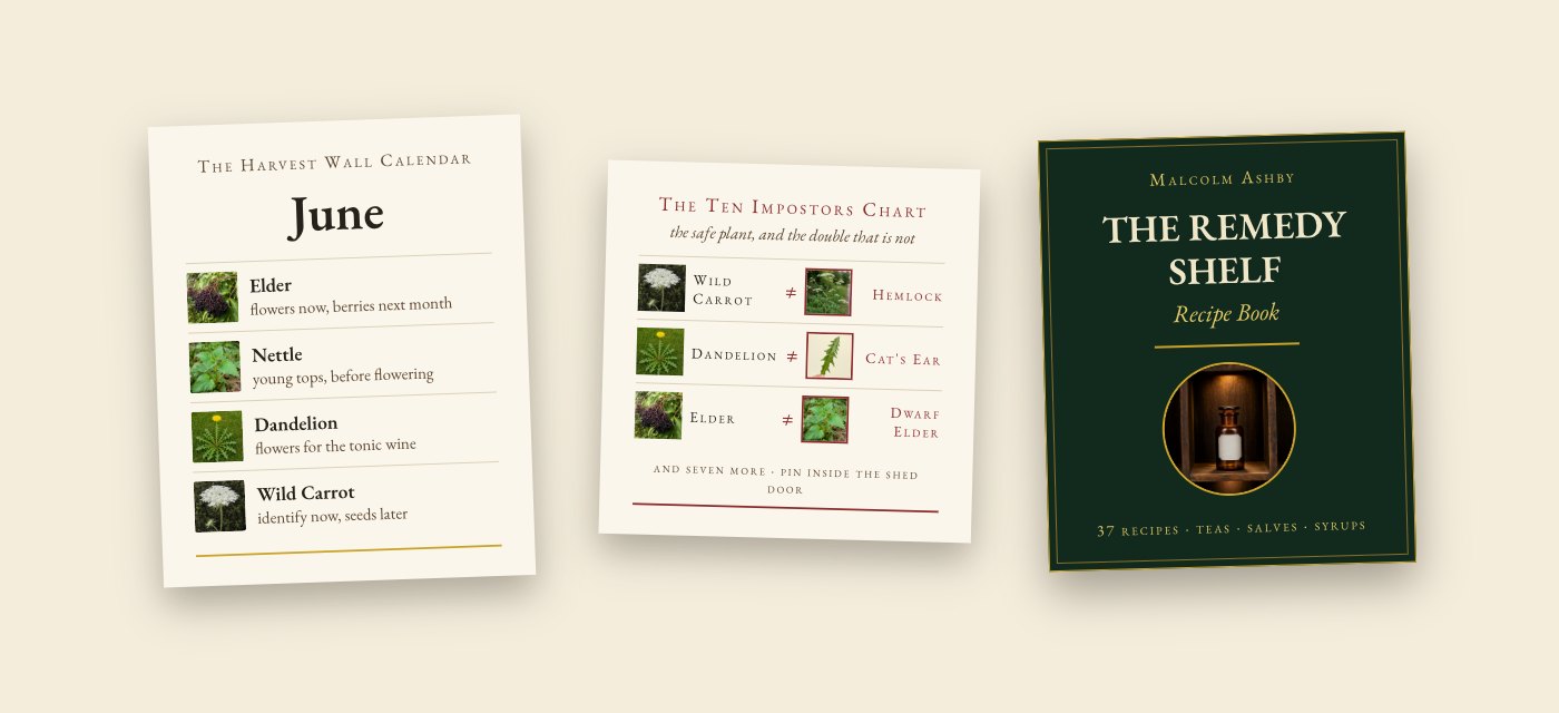 All three free bonuses: the Harvest Wall Calendar, the Ten Impostors Chart, and the Remedy Shelf Recipe Book