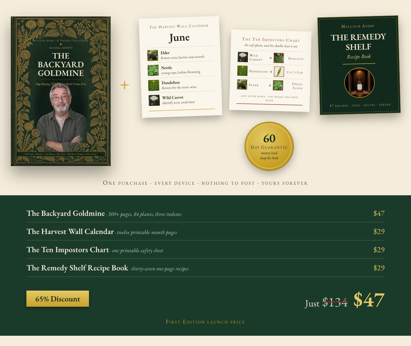 Everything you get: the book and three bonuses, with the 60 day keep-the-book guarantee, 134 dollars of catalogue for 47